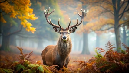 Majestic brown deer with large antlers and gentle eyes gazes curiously amidst autumn foliage and misty fog in a serene, ancient forest landscape.