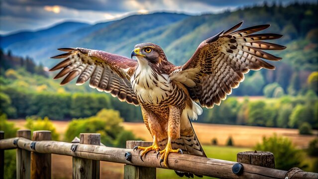 Majestic bird of prey, sharp talons extended, spreading wingspan wide, perched atop a rustic wooden fence, piercing gaze fixated on the surrounding landscape.