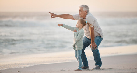 Grandfather, girl and pointing at beach for travel, bonding and sunset while on vacation together. Family, generations and fun outdoor by sea for dusk, relationship and adventure on tropical holiday
