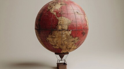 An antique-styled hot air balloon featuring a world map design on its surface, set in a plain studio.