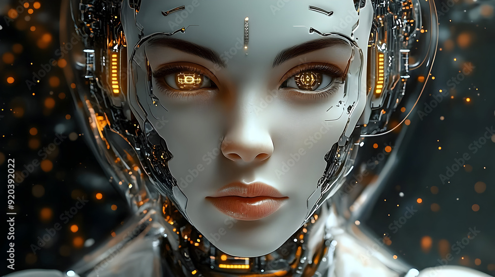 Poster a futuristic humanoid robot with intricate details and glowing elements.