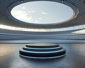 Clean, modern podium in a large empty stadium, ideal for showcasing new products.