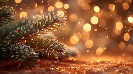 Sparkling holiday decorations with evergreen branches and glowing bokeh lights