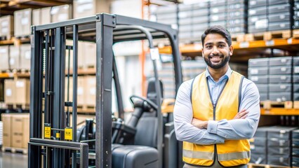 Indian Warehouse Manager with Forklift and Stacked Pallets in Background
