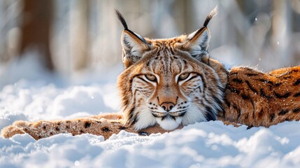 Obraz premium This image captures a regal lynx lying on snowy ground, with a focused gaze and snow-covered forest in the background.