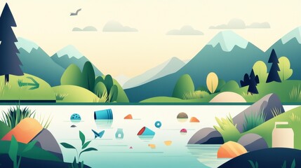 A modern, flat illustration depicts a river affected by microplastic pollution, showcasing debris and trash floating on the surface.