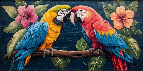 Obraz premium Colorful Kiss: Parrots in a Tropical Paradise Mural, generative ai