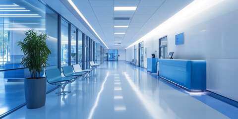 Photo of a hospital corridor with modern decor in light colors. Hospital reception area.