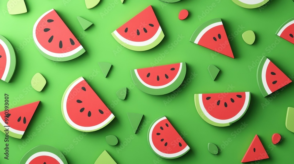 Poster Lively paper watermelon slices resting on a vibrant green backdrop, showcasing a modern cartoon texture for a fresh feel.