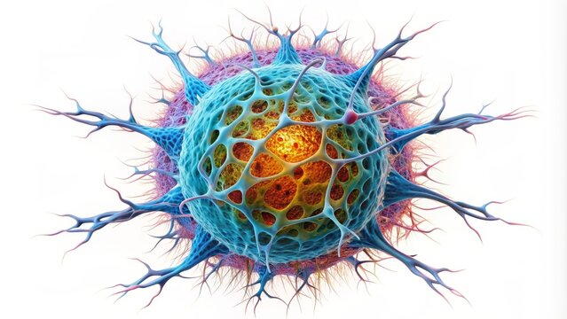Microscopic view of a fibroblast cell, a spindle-shaped connective tissue cell, with visible nucleus and cytoplasm, isolated on a white background.