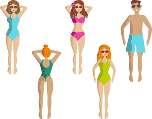 Summer vacation characters set with young women and man dressed in the swimsuits