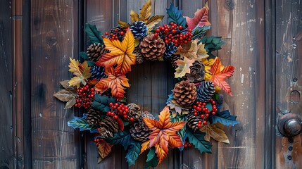 Autumnal wreath with pinecones, leaves, and berries hanging on a wooden door.