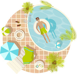Summer vacation round illustration with a guy in a swimming pool dressed in a swimsuit and sunglasses