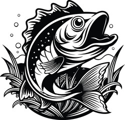 Black Bass Fish Silhouette line art vector illustration
