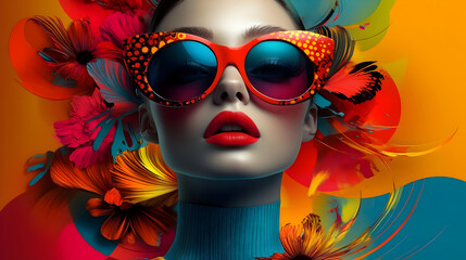 A vibrant portrait of a woman with oversized sunglasses surrounded by colorful flowers.