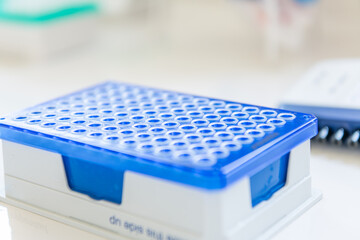 Close up of an empty cooling plate for putting a plastic qPCR plate with samples. Multichannel...