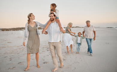 Parents, grandparents and walk with kids at beach, sunset and girl on shoulders for holiday. Men,...
