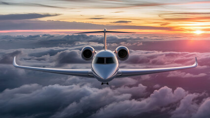 A private plane is flying in the sky with a beautiful sunset.