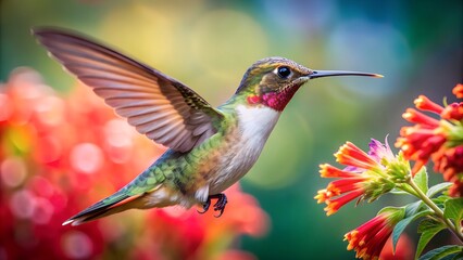 Naklejka premium Colorful humming bird are flying near flowers and pecking at water droplets falling from beautiful wild flowers pollen. 