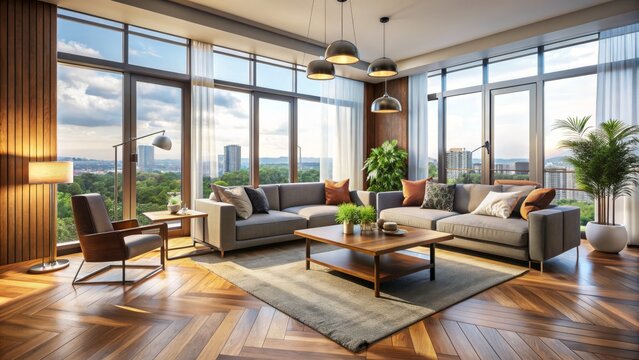 Modern living room in a stylish apartment with large windows, sleek hardwood floors, and contemporary furniture, perfect for relaxing or entertaining.