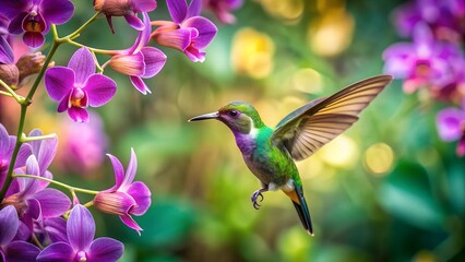 Fototapeta premium Colorful humming bird are flying near flowers and pecking at water droplets falling from beautiful wild flowers pollen. 