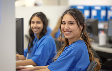 Two smiling nurses in blue scrubs working on computers in an office cubicle environment