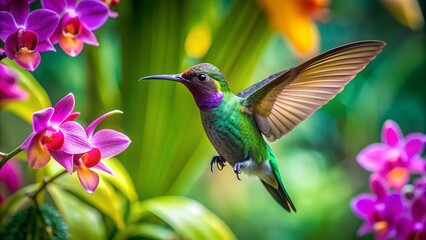 Fototapeta premium Colorful humming bird are flying near flowers and pecking at water droplets falling from beautiful wild flowers pollen. 