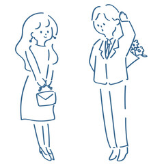 花束を持ってプロポーズをする男性のイラスト　手書き　線画