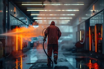 Fototapeta premium A Worker in Action at a Car Wash Amidst Steam and Neon Lights