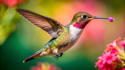 Fototapeta premium Ultra hd macro Colorful humming bird are flying near flowers and pecking at water droplets falling from beautiful wild flowers pollen. 