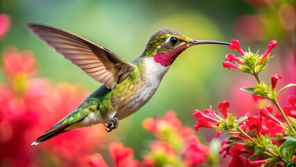 Obraz premium Ultra hd macro Colorful humming bird are flying near flowers and pecking at water droplets falling from beautiful wild flowers pollen. 