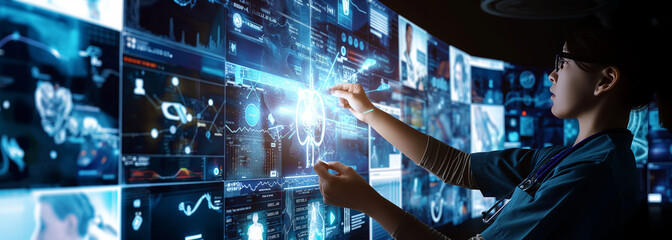 Nurse in black scrubs engaging with digital healthcare technology surrounded by holographic data visualizations