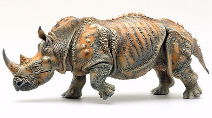 Fototapeta premium Artistic depiction of a rhinoceros with intricate patterns and textures, featuring orange and brown hues.