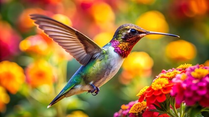 Fototapeta premium Ultra hd macro Colorful humming bird are flying near flowers and pecking at water droplets falling from beautiful wild flowers pollen. 