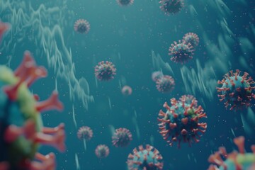 Fototapeta premium Colorful virus cells floating in liquid. Conceptual digital art style. Ideal for medical and scientific purposes. Generative AI