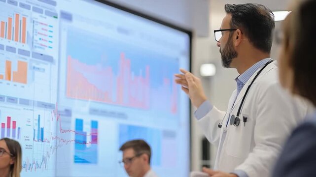 A group of medical professionals in a discussion, with AI-powered health monitors and data visualizations on display, showed the integration of AI in healthcare.
