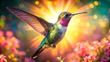 Fototapeta premium Ultra hd macro Colorful humming bird are flying near flowers and pecking at water droplets falling from beautiful wild flowers pollen. 