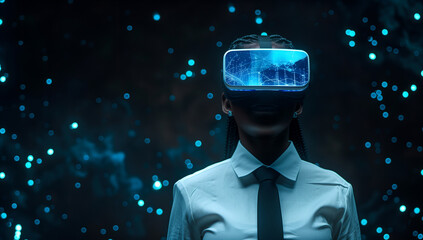 African school girl engaged with virtual reality and holographic data visualizations in dark space