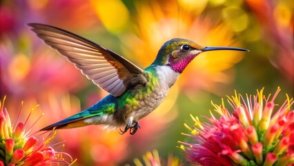 Fototapeta premium Ultra hd macro Colorful humming bird are flying near flowers and pecking at water droplets falling from beautiful wild flowers pollen. 