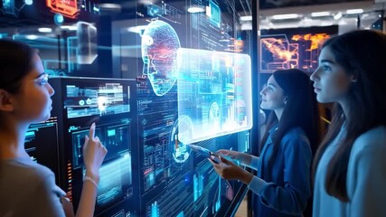 A group of high school students use AI-powered educational apps and digital devices, demonstrating the future of education and the efficiency of the learning process.