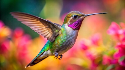 Naklejka premium Ultra hd macro Colorful humming bird are flying near flowers and pecking at water droplets falling from beautiful wild flowers pollen. 