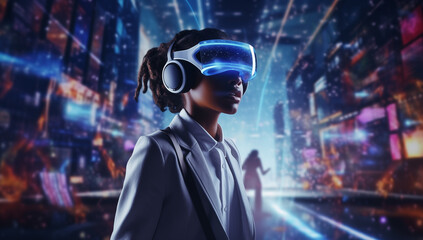 African american school girl experiencing virtual reality in futuristic setting with holograms
