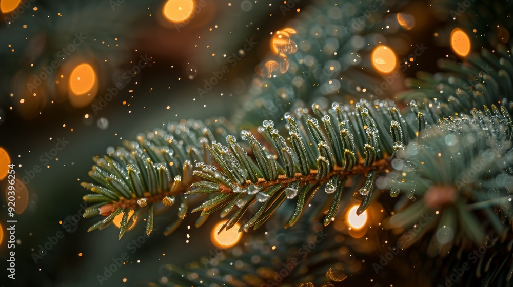 Poster close-up of a snow-covered evergreen branch with soft glowing lights in the background during the wi