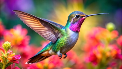 Fototapeta premium Ultra hd macro Colorful humming bird are flying near flowers and pecking at water droplets falling from beautiful wild flowers pollen. 