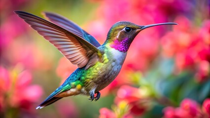 Naklejka premium Ultra hd macro Colorful humming bird are flying near flowers and pecking at water droplets falling from beautiful wild flowers pollen. 