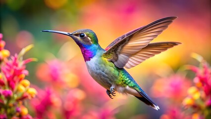 Fototapeta premium Ultra hd macro Colorful humming bird are flying near flowers and pecking at water droplets falling from beautiful wild flowers pollen. 