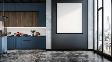 Une cuisine ouverte avec des armoires de couleur bleu, un cadre vide accroché au mur et une vue sur la ville.
