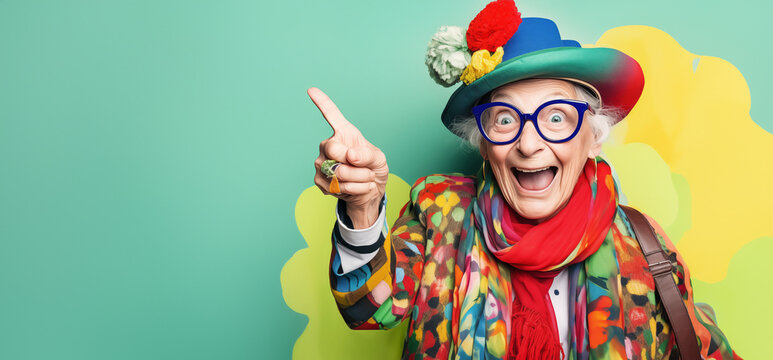 Femme senior, dr&ocirc;le, &acirc;g&eacute;e de 80 ans, expressive, heureuse, pointant le doigt et portant des lunettes et un chapeau color&eacute;, devant un mur color&eacute;, image avec espace pour texte.