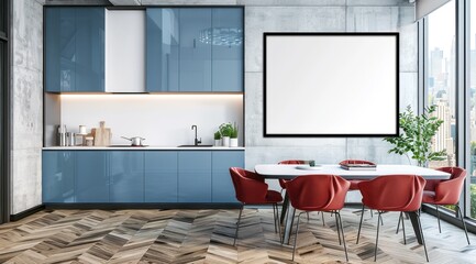 Une cuisine ouverte avec des armoires bleues, des chaises de salle à manger rouges, un plancher en bois et un cadre vide sur le mur.