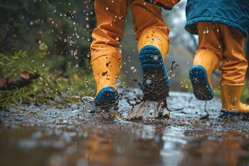 Joyful Splashing in Rainy Puddles: Kids in Colorful Boots